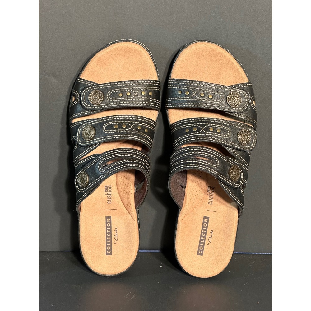 Clarks Collection Leisa Vine Black Leather Slide Sandals Womens 6.5 M